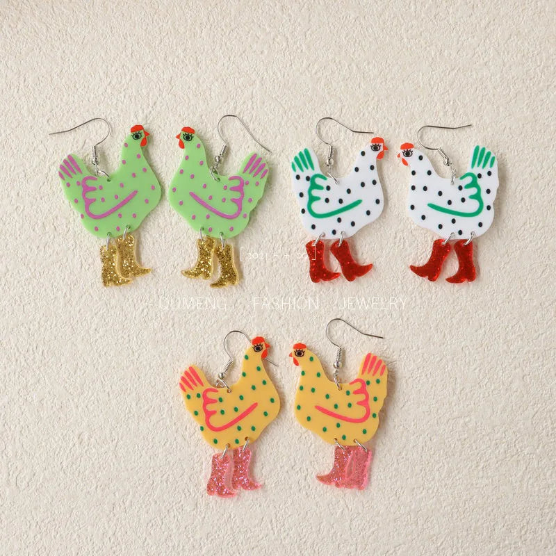 Festive Fowl ~ 🐓Chicken with Cowboy Boots Dangle Earrings!👢