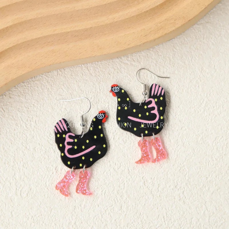 Festive Fowl ~ 🐓Chicken with Cowboy Boots Dangle Earrings!👢