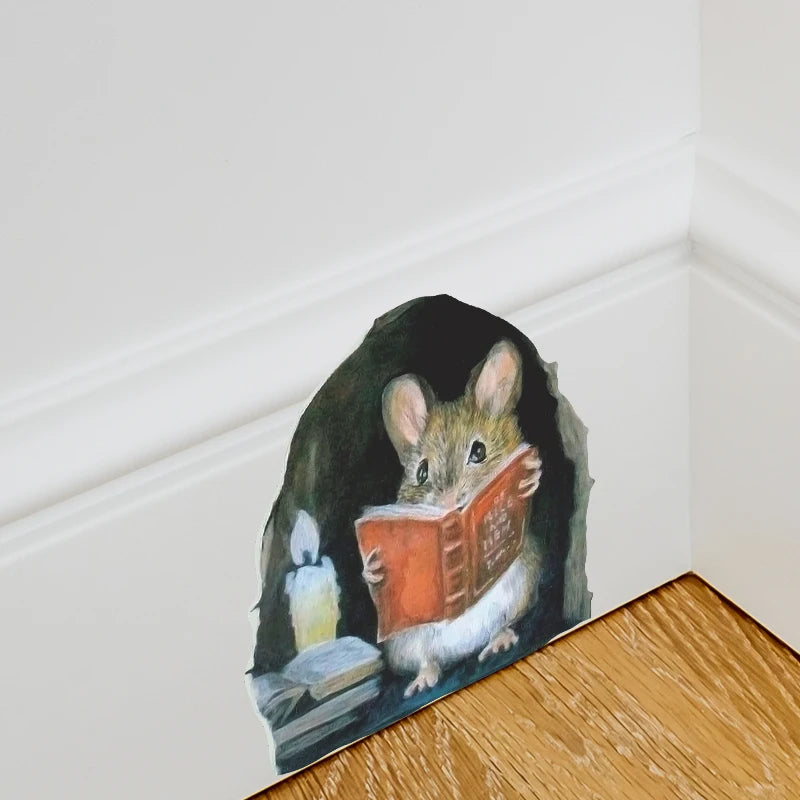 Realistic Looking Mouse, Reading a Book, by candlelight, in a hole in the wall, DECAL