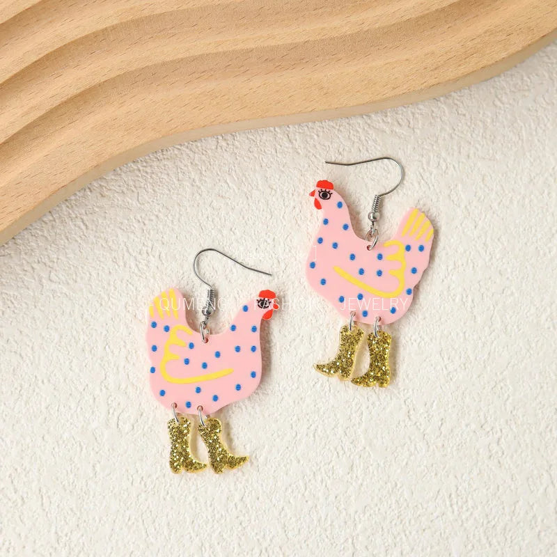 Festive Fowl ~ 🐓Chicken with Cowboy Boots Dangle Earrings!👢