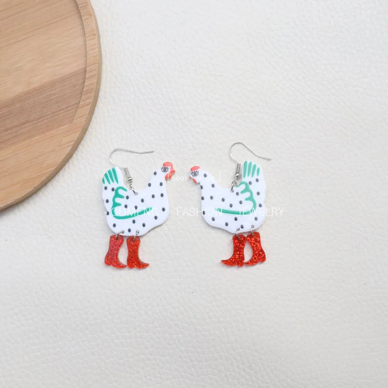 Festive Fowl ~ 🐓Chicken with Cowboy Boots Dangle Earrings!👢