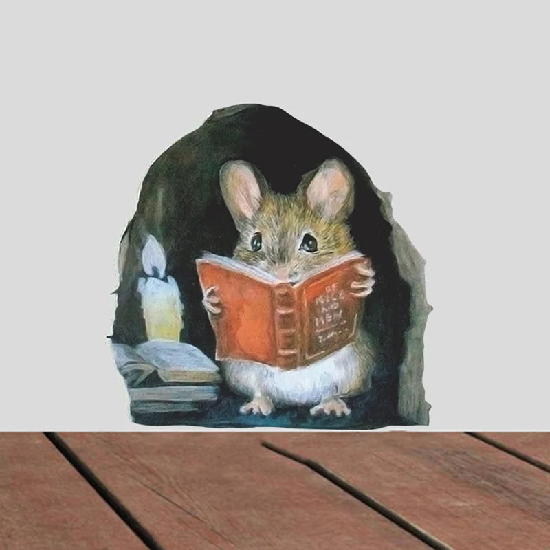 Realistic Looking Mouse, Reading a Book, by candlelight, in a hole in the wall, DECAL