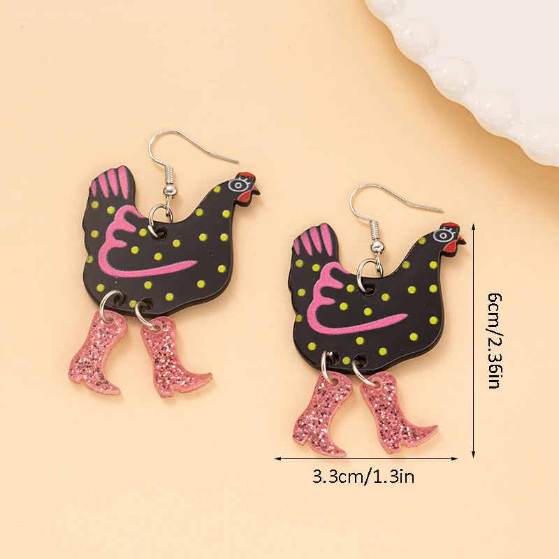 Festive Fowl ~ 🐓Chicken with Cowboy Boots Dangle Earrings!👢