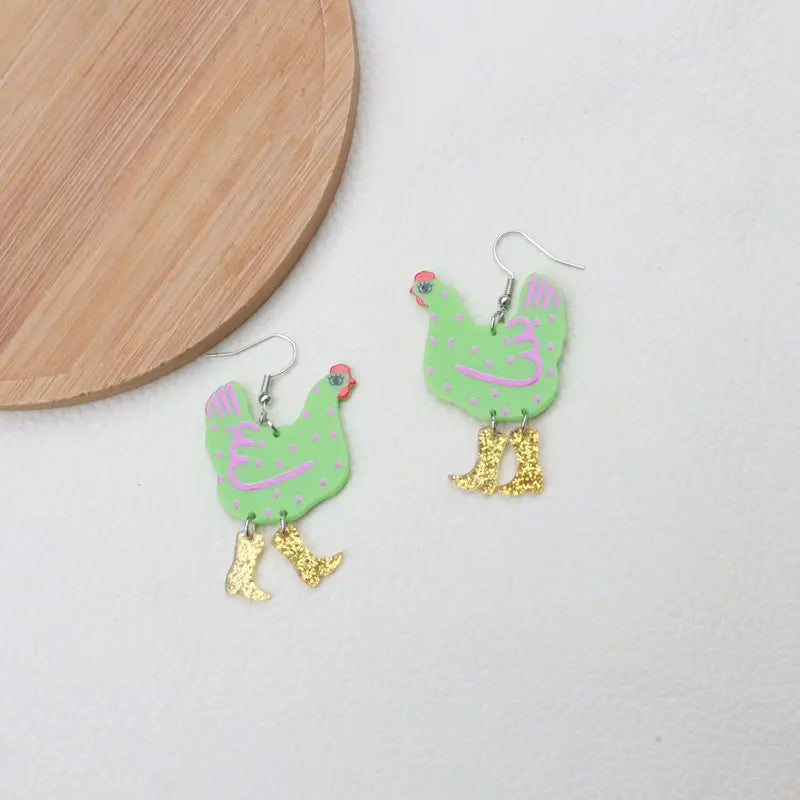 Festive Fowl ~ 🐓Chicken with Cowboy Boots Dangle Earrings!👢