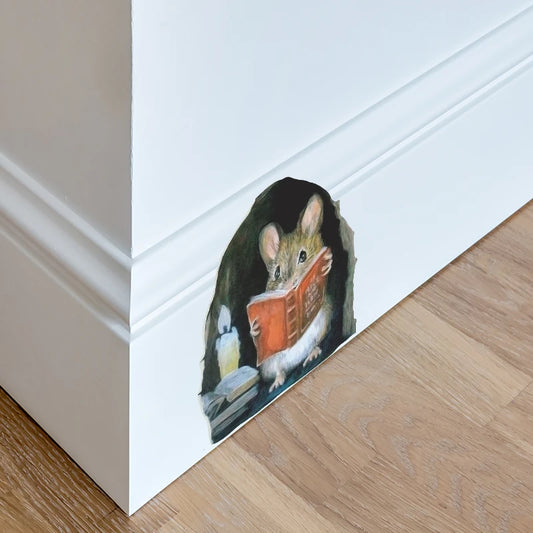 Realistic Looking Mouse, Reading a Book, by candlelight, in a hole in the wall, DECAL