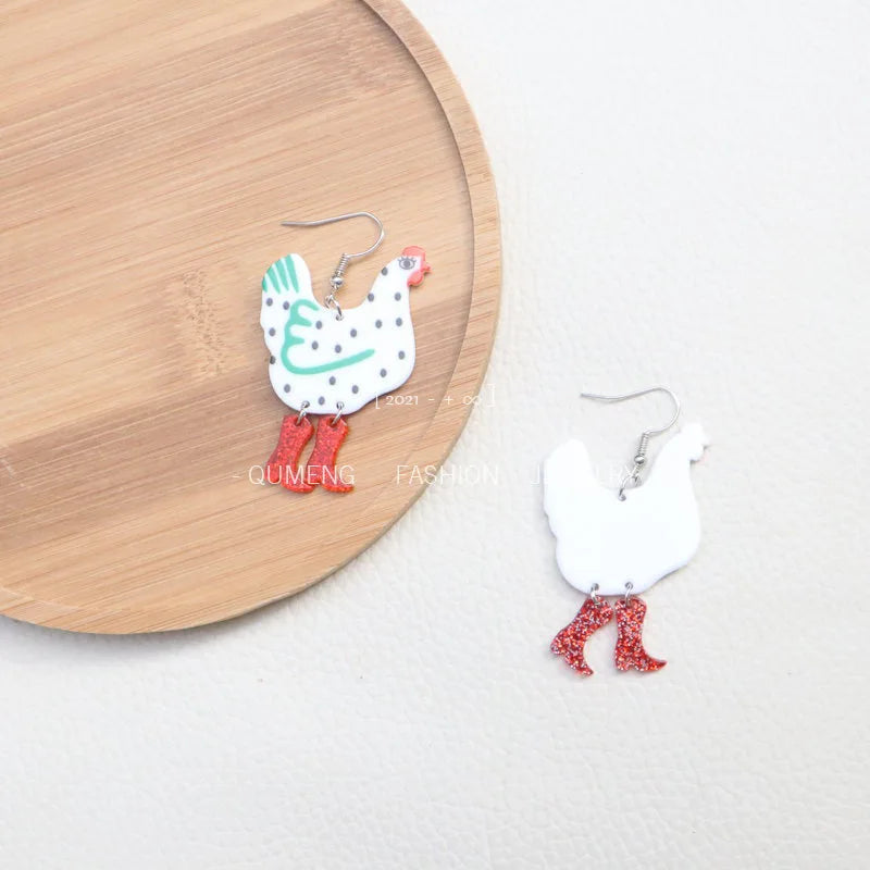 Festive Fowl ~ 🐓Chicken with Cowboy Boots Dangle Earrings!👢