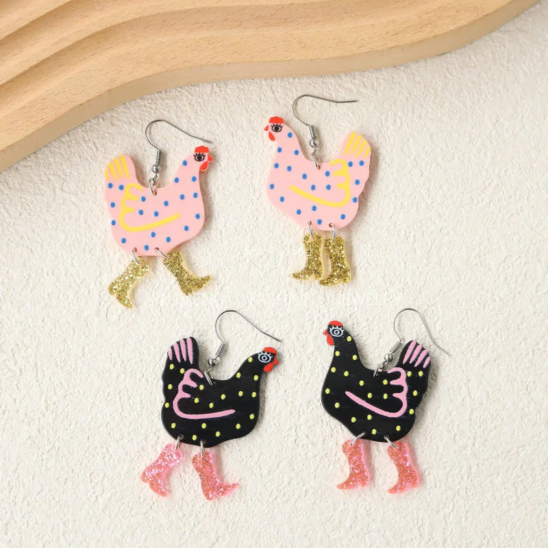 Festive Fowl ~ 🐓Chicken with Cowboy Boots Dangle Earrings!👢